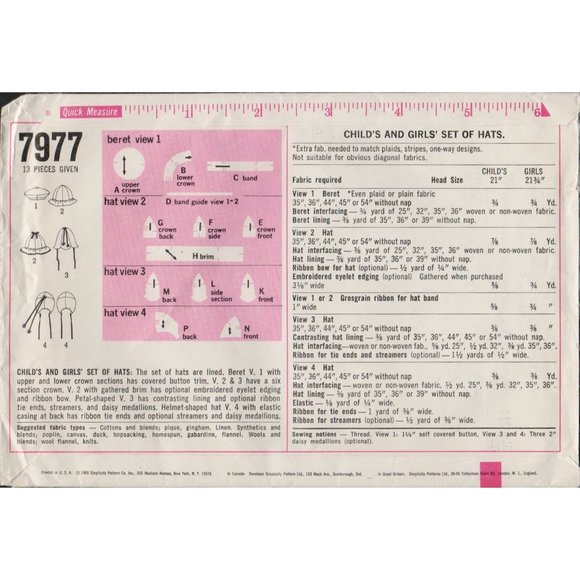 Simplicity 7977 Girls 1960s Sewing Pattern Hats Caps Flower Petal,  Beret, Tam - Picture 2 of 4